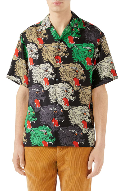 Gucci Allover Panther Print Silk Camp Shirt In Black