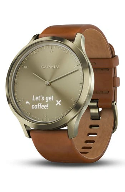 Garmin Vivomove Hr Premium Brown Leather Strap Hybrid Smartwatch, 43mm In Gold/tan