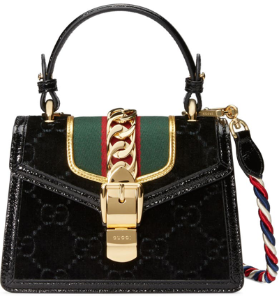 Gucci Mini Sylvie Velvet Top Handle Bag - Black In Nero/ Vert Red/ Mystic White