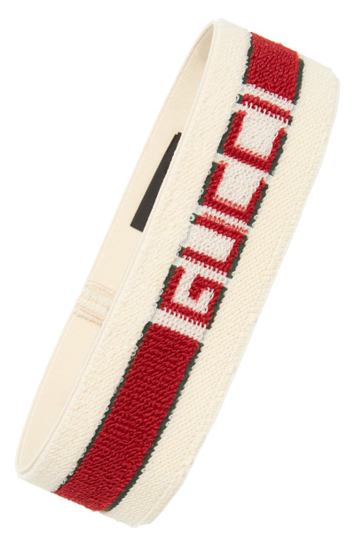 Gucci Queen Elastic Stripe Logo Headband In Ivory/ Dark Green