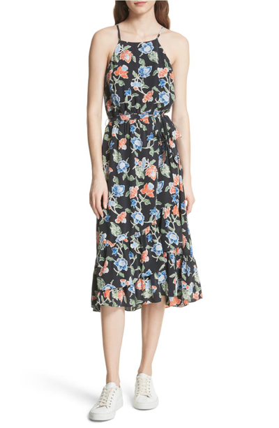 Joie Deme Sleeveless Floral-print Silk Midi Dress In Caviar