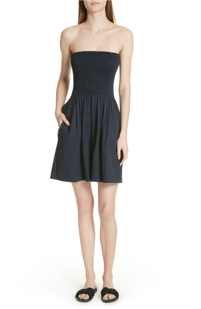 Atm Anthony Thomas Melillo Smocked Poplin Strapless Mini Dress In Midnight