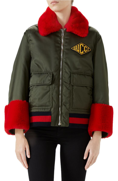 Gucci Nylon Gabardine Web-trim Coat W/ Faux-fur Details In Military Green/multi