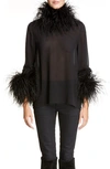 Saint Laurent Silk Georgette Top W/ Feathers In Noir