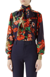 GUCCI SPRING BOUQUET PRINT TIE NECK SILK BLOUSE,467085ZLP91