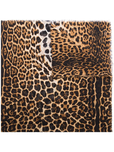 Saint Laurent Fringed Leopard-print Silk Scarf In Beige