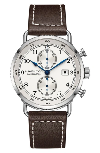 Hamilton Khaki Navy Automatic Chronograph Leather Strap Watch, 44mm In Brown/ Silver