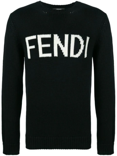 Fendi Black Wool Jacquard Logo Sweater