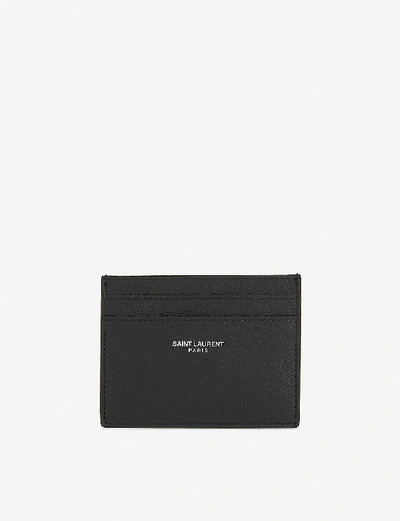Saint Laurent Womens Black Branded Pebbled Leather Card Holder