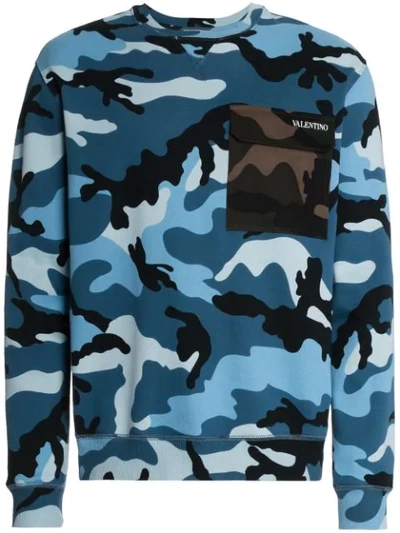 Valentino Camouflage-print Contrast-pocket Sweatshirt In Blue