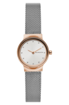 Skagen Freja Crystal Accent Mesh Strap Watch, 26mm In Silver/ White/ Rose Gold