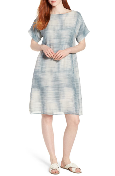 Eileen Fisher Daze Short-sleeve Printed Silk Dress, Petite In Blue Steel