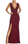 Dress The Population Sandra Plunge Crepe Trumpet Gown In Burgundy