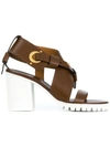CHLOÉ CHLOÉ WHITE SOLE STRAPPY MID-HEEL SANDALS - BROWN,CHC18A041422312958423