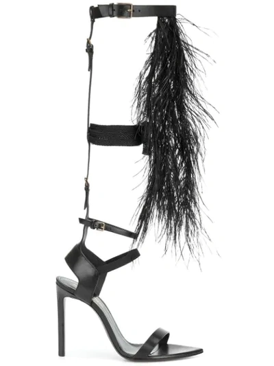 Saint Laurent Ostrich Feather Embellished Sandals  In 1000 Black