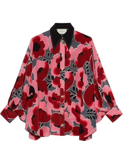 Gucci Long-sleeve Poppies-print Crepe De Chine Shirt With Bow Detail In Pink