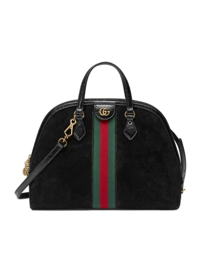 Gucci Ophidia Medium Web Suede Top-handle Bag In Nero/ Nero/ Vert Red Vert