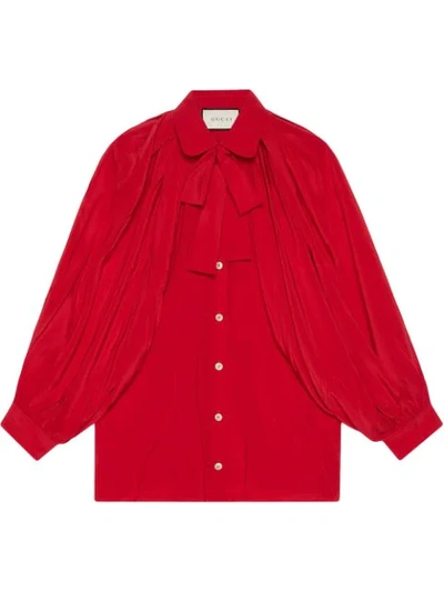 Gucci Silk Shirt With Neck Bow In Hibiscus Red