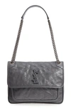 Saint Laurent Medium Niki Crinkle Leather Nickel Hardware Flap Bag In Anthracite