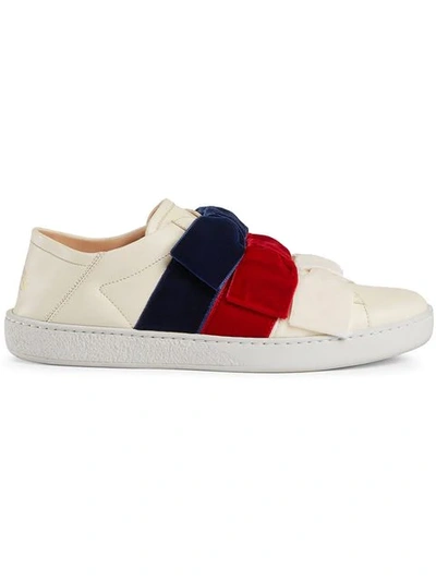 Gucci New Ace Velvet-bow Leather Trainers In White