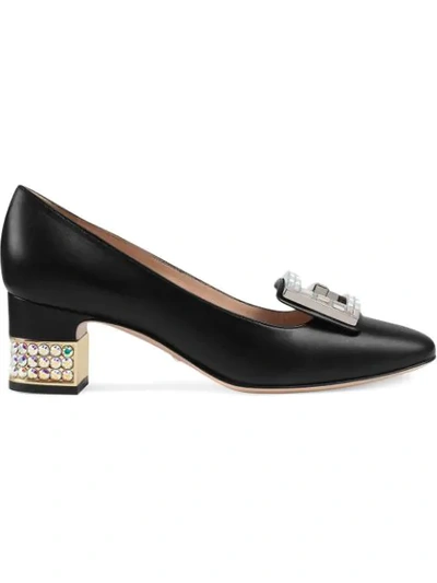 Gucci Leather Mid-heel Pump With Crystal G In Black Leather