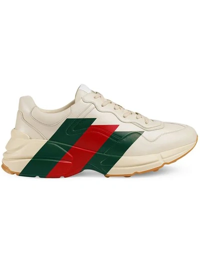 Gucci White Rhyton Web Print Leather Sneakers In Neutrals
