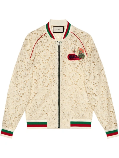 Gucci Flower Embroidered Lace Bomber Jacket In Neutral