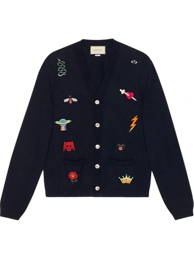 Gucci Symbol-embroidered Wool Cardigan In Blue