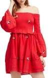 Free People Counting Daisies Embroidered Off-the-shoulder Mini Dress In Red Combo