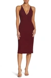 Dress The Population Lyla V-neck Sleeveless Midi Bodycon Dress In Burgundy