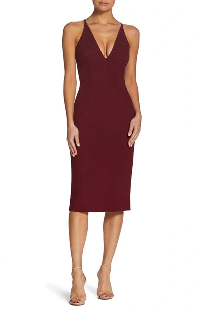 Dress The Population Lyla V-neck Sleeveless Midi Bodycon Dress In Burgundy