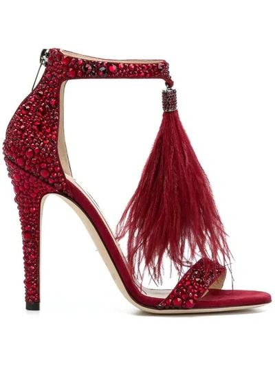 Jimmy Choo Viola 110 Red Suede And Hotfix Sandals With Red Ostrich Feather Tassel