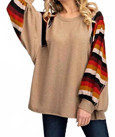 143 Story Balloon Sleeve Crew Top In Camel In Multi