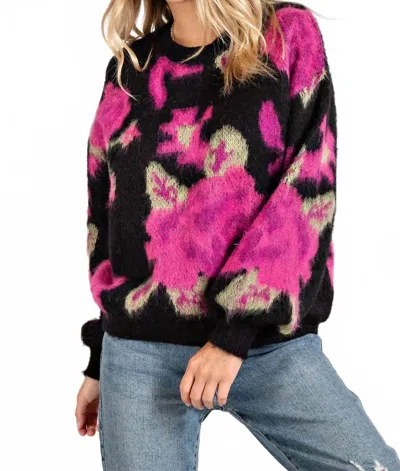 143 Story Finnegan Fuzzy Flower Sweater In Pink Multi In Black