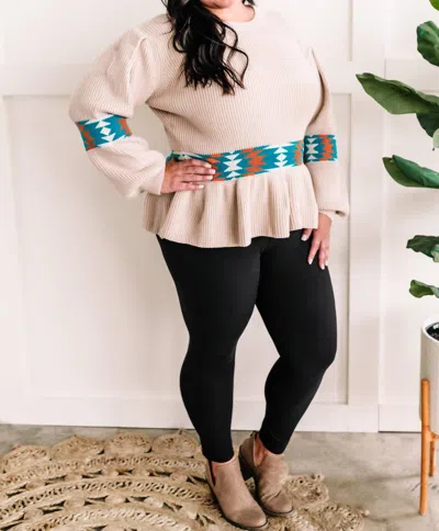143 Story Long Sleeve Peplum Knit Sweater In Southwest Aztec In Pink