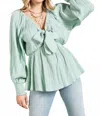 143 Story Long Sleeve Tie Front Top In Sage In Green
