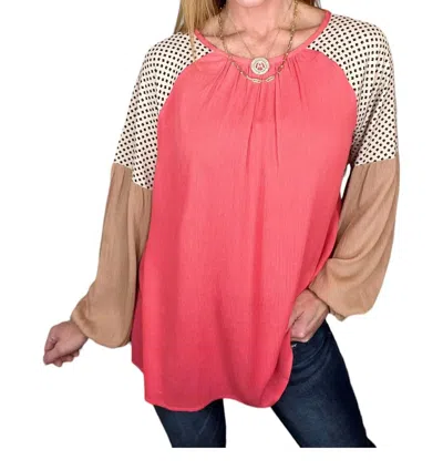143 Story Solid And Print Mixed Sleeve Top In Pink