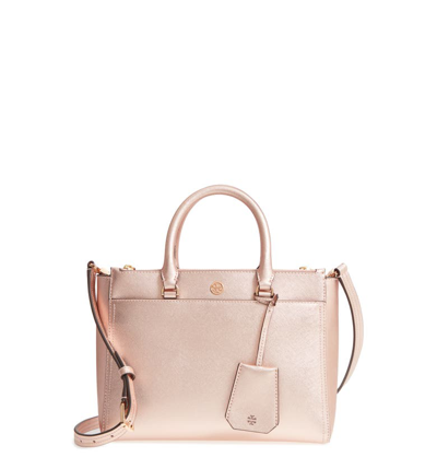 Tory Burch Small Robinson Double-zip Metallic Leather Tote - Pink In Light Rose Gold/gold