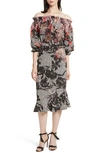 Saloni Grace Floral-print Silk Midi Dress, Multipattern In Flower Stripe Plmt