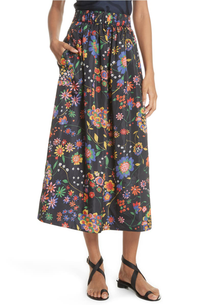 Tibi Floral Smocked Waistband Skirt In Navy Multi