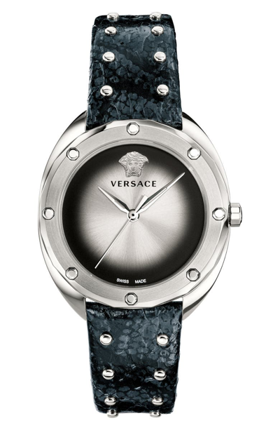 Versace Shadov Snakeskin Leather Strap Watch, 38mm In Black/ Silver