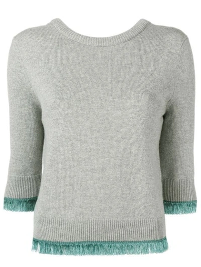 Chloé 3/4-sleeve Scoop-back Cashmere Sweater W/ Fringe Hem In Grey