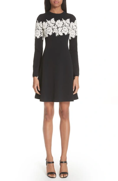 Valentino Crewneck Long-sleeve Fit-and-flare Jumperdress W/ Lace Inset In Black