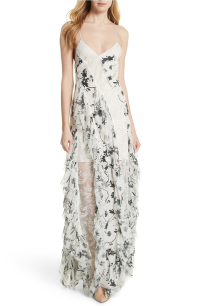 Alice And Olivia Jayda Lace-trimmed Ruffled Floral-print Silk Crepe De Chine Maxi Dress In Floral Crown