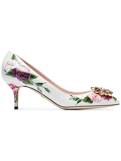 Dolce & Gabbana Crystal-embellished Floral-print Patent-leather Pumps In Metallic