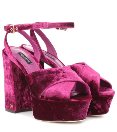 Dolce & Gabbana Purple Velvet Platform Strap Sandals Shoes In Pink