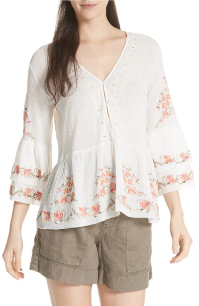 Joie Kamile Embroidered Cotton Peasant Top In Porcelain