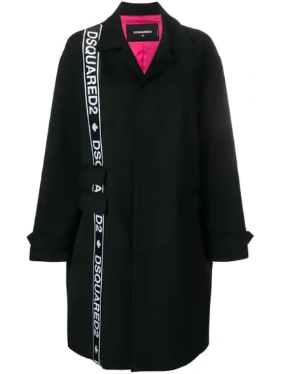 Dsquared2 Oversize Logo Bands Wool Blend Cady Coat In Black