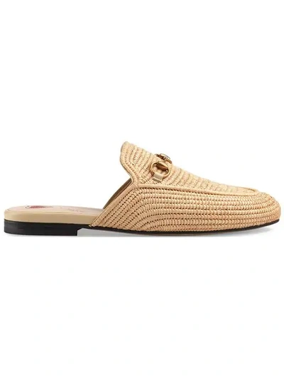 Gucci Princetown Raffia Backless Loafers In Beige