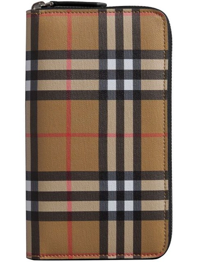Burberry Vintage Check And Leather Ziparound Wallet In Beige,black,white